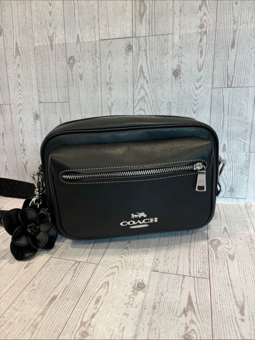 Coach Elias Black Leather Crossbody Bag CR309 with Flower Charm